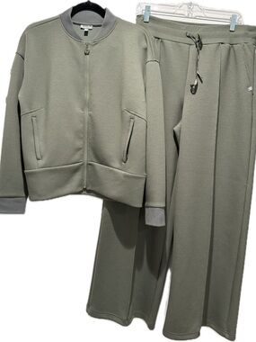 Talbots Sage Green Air Knit Bomber Jacket & Drawstring Joggers Set